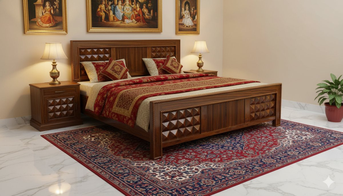 Premium Solid Wood King Size Bed with Hand-Carved Geometric Panels